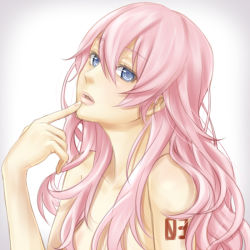 Rule 34 | 1girl, :o, arm tattoo, bad id, bad pixiv id, blue eyes, breasts, female focus, finger to mouth, hair between eyes, hair over breasts, lips, lipstick, long hair, looking at viewer, makeup, masami chie, megurine luka, neck, nude, number tattoo, open mouth, pink hair, pink lips, simple background, solo, tattoo, upper body, vocaloid, white background