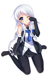 Rule 34 | 10s, 1girl, asymmetrical gloves, bare shoulders, black gloves, black pantyhose, black shirt, black skirt, blue eyes, blush, braid, breasts, collarbone, elbow gloves, artistic error, full body, gloves, hand up, highres, kantai collection, kneeling, long hair, looking at viewer, no shoes, one eye closed, pantyhose, pleated skirt, shirt, sidelocks, silver hair, simple background, single braid, sitting, skirt, sleeveless, sleeveless shirt, solo, umikaze (kancolle), uneven gloves, vivian (lancerhd), wariza, white background