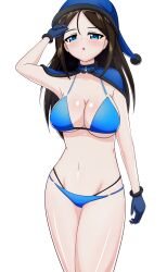 Rule 34 | 1girl, bikini, black hair, blue bikini, blue capelet, blue eyes, blue gloves, blue hat, blue santa costume, blush, breasts, capelet, christmas, cleavage, commentary request, cowboy shot, earlobe1514366, fur-trimmed capelet, fur-trimmed gloves, fur trim, girls und panzer, girls und panzer gekijouban, gloves, groin, half-closed eyes, halterneck, hand on own head, hat, highres, large breasts, long hair, looking at viewer, multi-strapped bikini, navel, nonna (girls und panzer), official alternate costume, parted lips, partial commentary, santa costume, santa gloves, santa hat, simple background, solo, standing, string bikini, swept bangs, swimsuit, white background