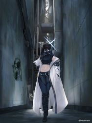 Rule 34 | 1girl, absurdres, air conditioner, alley, armband, bare shoulders, baseball cap, belt, black belt, black gloves, black hair, black hat, black mask, black pants, black shirt, blue archive, blue eyes, boots, breasts, buckle, building, chest harness, city, coat, commentary, crop top, cross-laced footwear, danny marx, full body, gloves, graffiti, groin, halo, hand in pocket, hand up, harness, hat, highres, industrial pipe, lace-up boots, long hair, looking at viewer, mask, medium breasts, midriff, mouth mask, navel, off shoulder, open clothes, open coat, outdoors, pants, power lines, saori (blue archive), shadow, shirt, sidelocks, sleeveless, sleeveless shirt, snap-fit buckle, solo, standing, twitter username, underbust, white coat