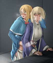 Rule 34 | 1futa, 1girl, blonde hair, blush, breasts, clothed sex, dungeon meshi, falin touden, futa with female, futanari, green eyes, hand on mouth, highres, long hair, marcille donato, medium breasts, medium hair, multiple girls, open mouth, pointy ears, raitaroo, sex, sex from behind, x-ray, yellow eyes