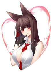Rule 34 | akagi (azur lane), akagi (muse) (azur lane), animal ear fluff, animal ears, azur lane, between breasts, black gloves, breasts, brown hair, cleavage, closed mouth, collared shirt, cropped torso, finger to mouth, fox ears, gloves, headset, heart, highres, large breasts, long hair, looking at viewer, necktie, necktie between breasts, no bra, red eyes, red necktie, shirt, simple background, sleeveless, sleeveless shirt, smile, upper body, white background, white shirt, yorugami rei