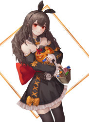 Rule 34 | 1girl, absurdres, animal ears, bad id, bad pixiv id, black hairband, black headwear, black skirt, black thighhighs, bow, brown hair, candy, detached collar, detached sleeves, fake animal ears, food, gundemonium, hairband, halloween, highres, holding, holding food, holding pumpkin, holding vegetable, jack-o&#039;-lantern, lollipop, long hair, long sleeves, looking at viewer, luc (kor), maid, orange ribbon, pumpkin, red bow, red eyes, ribbon, simple background, skirt, smile, standing, thighhighs, trick or treat, vegetable, white background, wrapped candy