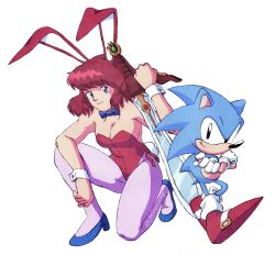 Rule 34 | 1980s (style), 1990s (style), 1boy, 1girl, animal ears, bare shoulders, black eyes, blue eyes, blue footwear, bow, bowtie, breasts, brown hair, chronocrump, closed mouth, crossed arms, crossover, daicon bunny girl, daicon iv, detached collar, fake animal ears, film grain, full body, furry, furry male, gloves, high heels, highres, holding, holding sword, holding weapon, leotard, looking at viewer, medium breasts, oldschool, on one knee, pantyhose, playboy bunny, rabbit ears, rabbit tail, red footwear, red leotard, retro artstyle, shoes, short hair, smile, sonic (series), sonic the hedgehog, strapless, strapless leotard, sword, tail, twitter username, weapon, white background, white gloves, wrist cuffs