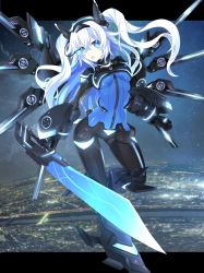 Rule 34 | 1girl, absurdres, armored boots, black heart (neptunia), blue eyes, boots, breasts, gauntlets, hair between eyes, headgear, highres, holding, holding weapon, long hair, medium breasts, neptune (series), next black, noire (neptunia), open mouth, ramu-on@ shinon, shin jigen game neptune vii, solo, sword, symbol-shaped pupils, visor, weapon, white hair
