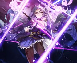 Rule 34 | 1girl, bare shoulders, brown pantyhose, clone, cowboy shot, daniel deng, dress, earrings, electricity, frilled skirt, frilled sleeves, frills, genshin impact, gloves, glowing, hair bun, highres, holding, holding sword, holding weapon, jewelry, keqing (genshin impact), looking at viewer, pantyhose, purple background, purple dress, purple eyes, purple gloves, purple hair, simple background, skirt, solo, sword, thighs, twintails, weapon, wind, wind lift