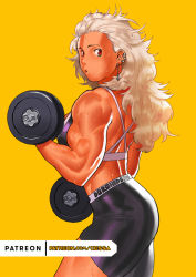Rule 34 | 1girl, biceps, black shorts, cessa, dorohedoro, dumbbell, ear piercing, earrings, exercising, from side, jewelry, long hair, muscular, muscular female, noi (dorohedoro), parted lips, piercing, red eyes, shorts, simple background, solo, sweatdrop, watermark, web address, weightlifting, white hair, yellow background