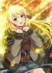 1girl :d ahoge belt blonde_hair blush denim denim_shorts female_focus green_eyes highres hina_(araburu-hinadori) hoshii_miki idolmaster idolmaster_(classic) long_hair looking_at_viewer md5_mismatch open_mouth scarf shorts smile solo striped_clothes striped_scarf