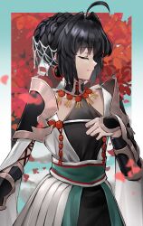 Rule 34 | 1other, absurdres, ahoge, androgynous, arm armor, armor, black hair, braid, braided bun, cherry blossoms, closed eyes, collar, collarbone, dress, earrings, fate/samurai remnant, fate (series), hair bun, hair intakes, hair ornament, highres, japanese clothes, jewelry, official alternate costume, profile, yamato takeru (fate), shoulder armor, single hair bun, solo, umeo (pixiv51103813), white dress
