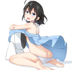Rule 34 | 1girl, ahoge, ass, bare arms, bare legs, bare shoulders, barefoot, black hair, blue dress, blue eyes, breasts, cac itinose, dress, drooling, electric fan, fang, fanning self, frilled dress, frills, highres, mouth drool, open mouth, original, panties, shadow, sitting, sleeveless, sleeveless dress, small breasts, soles, solo, striped clothes, striped panties, sundress, sweat, underwear, wariza, wavy mouth, white background