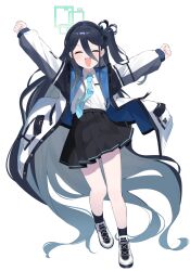 Rule 34 | 1girl, aris (blue archive), arms up, beko (beco 1122), black hair, black hairband, black skirt, black socks, blue archive, blue necktie, clenched hands, closed eyes, commentary request, dot nose, flat chest, full body, hair between eyes, hairband, halo, highres, jacket, legs, light blush, long hair, long sleeves, necktie, open clothes, open jacket, open mouth, pleated skirt, shirt, side ponytail, skirt, smile, socks, solo, thighs, very long hair, white background, white footwear, white jacket, white shirt, wing collar