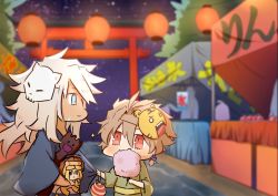Rule 34 | 2boys, ahoge, alternate costume, braid, brown hair, cotton candy, doll, fate/apocrypha, fate (series), festival, food, highres, holding, holding doll, holding food, japanese clothes, kimono, kuili san, lantern festival, long hair, looking at another, male focus, mask, multiple boys, night, night sky, obi, outdoors, pink hair, pulling, purple kimono, red eyes, sash, short hair, sieg (fate), siegfried (fate), silver hair, single braid, sky, sky lantern, star (sky), star (symbol), starry sky, tree, water balloon, yukata
