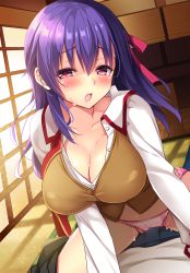Rule 34 | 1boy, 1girl, :o, alternate breast size, arm support, blue pants, blush, breasts, brown vest, bulge, cleavage, collarbone, collared shirt, commentary request, day, fate/stay night, fate (series), girl on top, grinding, grinding over clothes, hair ribbon, half-closed eyes, highres, homurahara academy school uniform, ikura nagisa, indoors, large breasts, leaning forward, long sleeves, looking at viewer, lying, matou sakura, no pants, on back, open mouth, panties, pants, partially unbuttoned, partially visible vulva, pink panties, purple eyes, purple hair, red ribbon, ribbon, school uniform, shirt, sitting, sitting on person, solo focus, spread legs, straddling, teasing, thighs, underwear, vest, white shirt, wing collar