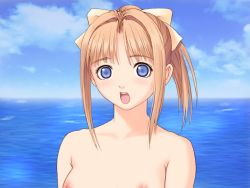 Rule 34 | 00s, 1girl, :o, after (game), blue eyes, blush, breasts, brown hair, close-up, cloud, day, game cg, hair ribbon, medium breasts, nipples, non-web source, nude, ocean, open mouth, outdoors, ponytail, ribbon, shiomiya kanami, sky, solo, surprised, sweat, tony taka, water, zenra