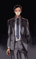 Rule 34 | 1boy, black background, black hair, blue necktie, buttons, closed mouth, collared shirt, fukumoto (joker game), gradient background, grey background, grey jacket, grey pants, hand in pocket, highres, jacket, joker game, male focus, necktie, pants, pinkiepies2, pocket, shirt, short hair, simple background, sketch, standing, white shirt