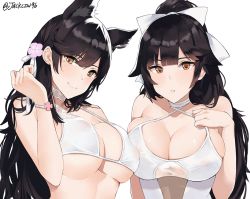 Rule 34 | 1girl, 2girls, alternate costume, animal ears, asymmetrical docking, atago (azur lane), atago (summer march) (azur lane), azur lane, bikini, black hair, blush, bow, breast press, breasts, brown eyes, closed mouth, covered erect nipples, extra ears, hair bow, hair ribbon, j@ck, large breasts, leaning forward, long hair, looking at viewer, mole, mole under eye, multiple girls, one-piece swimsuit, parted lips, ponytail, ribbon, simple background, skindentation, smile, swept bangs, swimsuit, takao (azur lane), takao (beach rhapsody) (azur lane), twitter username, upper body, very long hair, white background, white bikini, white bow, white one-piece swimsuit, white ribbon, wristband
