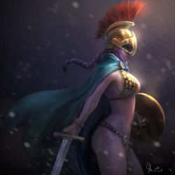 Rule 34 | 10s, 1girl, 2014, armor, artist request, bikini armor, braid, breasts, brown eyes, cape, dressrosa, francis tneh, gladiator, gloves, helmet, image sample, large breasts, long hair, navel, one piece, purple hair, rebecca (one piece), scale armor, shield, sideboob, signature, snow, solo, sword, weapon