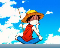 Rule 34 | 1boy, black eyes, black hair, blue sky, cloud, cloudy sky, daji1201, day, fishing, fishing rod, from behind, frown, hand on own face, hat, looking at viewer, looking back, male focus, monkey d. luffy, one piece, outdoors, scar, scar on face, sky, solo, straw hat