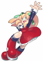 Rule 34 | 1girl, arm up, blonde hair, blue eyes, blush stickers, boots, capcom, dress, full body, hair ribbon, highres, knee boots, long hair, open mouth, pirocch, ponytail, red dress, ribbon, mega man (series), mega man (classic), roll (mega man), skirt, smile, solo, white background