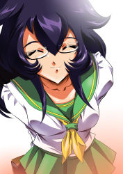 Rule 34 | 1girl, black hair, borrowed character, commentary, commission, english commentary, closed eyes, facing viewer, from above, glasses, highres, hinomars19, long hair, original, school uniform, serafuku, smile, solo, white background