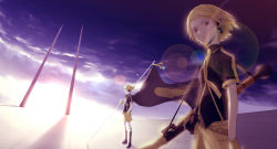 Rule 34 | 1boy, 1girl, bad id, bad pixiv id, blonde hair, brother and sister, flag, gloves, hair ornament, hairclip, headphones, highres, irena, kagamine len, kagamine rin, koi wa sensou (vocaloid), lens flare, necktie, rocket launcher, short hair, siblings, sky, twins, vocaloid, weapon, wind, yellow eyes