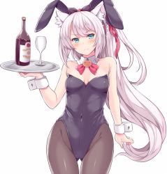Rule 34 | &gt;:(, 1girl, amane hasuhito, animal ears, arm at side, azur lane, bad id, bad pixiv id, bare arms, bare shoulders, black bow, black leotard, black pantyhose, blush, bottle, bow, breasts, cat ears, cleavage, closed mouth, covered navel, cowboy shot, cup, detached collar, drinking glass, fake animal ears, frills, gluteal fold, hair bow, hammann (azur lane), holding, holding tray, leotard, long hair, looking at viewer, pantyhose, playboy bunny, ponytail, rabbit ears, simple background, small breasts, solo, standing, strapless, strapless leotard, thigh gap, tray, v-shaped eyebrows, very long hair, white background, wrist cuffs