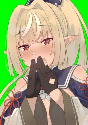 Rule 34 | 1girl, absurdres, ahoge, black gloves, blonde hair, blush, breasts, cleavage, cleavage cutout, clothing cutout, covering own mouth, dark-skinned female, dark skin, gloves, green background, hair ribbon, heart, heart-shaped pupils, highres, hololive, long hair, looking at viewer, medium breasts, pointy ears, ponytail, red eyes, ribbon, shiranui flare, shiranui flare (old design), shoulder cutout, simple background, solo, symbol-shaped pupils, tonarikeru, upper body, virtual youtuber, wide sleeves