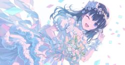Rule 34 | 1girl, ;d, absurdres, bare shoulders, black hair, bouquet, bow, butterfly hair ornament, choker, collarbone, confetti, dress, dutch angle, flower, frills, hair flower, hair ornament, highres, holding, holding bouquet, idoly pride, long hair, looking at viewer, nagase mana, one eye closed, open mouth, pink flower, puffy short sleeves, puffy sleeves, ribbon, rose, short sleeves, sleeveless, smile, solo, white dress, white flower, white ribbon, wrist cuffs