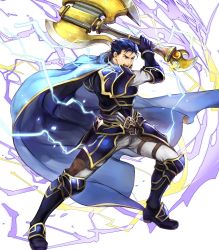 Rule 34 | 1boy, armor, armored boots, axe, battle axe, belt, blue eyes, blue hair, boots, cape, fire emblem, fire emblem: the blazing blade, fire emblem heroes, full body, gauntlets, hector (fire emblem), highres, holding, holding weapon, lightning, long sleeves, male focus, nintendo, non-web source, official art, open mouth, pants, short hair, shoulder armor, shoulder pads, solo, transparent background, wada sachiko, weapon