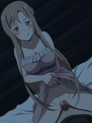 Rule 34 | 1boy, 1girl, asuna (sao), breasts, brown eyes, brown hair, censored, clothes lift, highres, imminent penetration, kh-fullhouse, kirito, licking, mosaic censoring, penis, pussy, skirt, skirt lift, sword art online