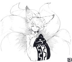 Rule 34 | 1girl, ahoge, animal ears, blue theme, breasts, chefhart, cropped torso, dress, facing viewer, fox ears, fox tail, greyscale, hands in opposite sleeves, head tilt, highres, large breasts, monochrome, multiple tails, short eyebrows, short hair, simple background, smile, solo, tail, thick eyebrows, touhou, turtleneck, upper body, white background, wide sleeves, yakumo ran, yin yang