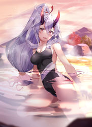 Rule 34 | 1girl, breasts, fate/grand order, fate (series), hair between eyes, highres, horns, large breasts, long hair, looking at viewer, open mouth, ponytail, red eyes, renka (renkas), silver hair, smile, solo, tomoe gozen (fate), water