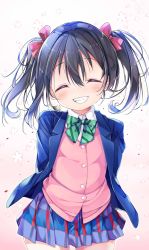 Rule 34 | 1girl, ^ ^, black hair, blazer, blue jacket, blush, bow, cardigan vest, closed eyes, collared shirt, commentary request, cowboy shot, diagonal stripes, dress shirt, closed eyes, facing viewer, floral background, green bow, grin, hair bow, hair intakes, highres, jacket, love live!, love live! school idol project, neko pan, open jacket, open clothes, open jacket, pleated skirt, purple skirt, red bow, school uniform, shirt, skirt, smile, solo, standing, striped, striped bow, twintails, white shirt, yazawa nico