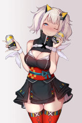 Rule 34 | 1girl, ;), black dress, blush, breasts, can, cleavage, cleavage cutout, clothing cutout, dress, gradient background, grey background, hair ornament, kaguya luna, medium breasts, obi, one eye closed, red thighhighs, ribbon, sash, sherryqq, short hair, silver hair, sleeveless, sleeveless dress, smile, solo, strong zero, the moon studio, thighhighs, twintails, virtual youtuber, white ribbon, wrist ribbon, x hair ornament