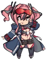 Rule 34 | 1girl, :p, azur lane, belt, bikini, bikini under clothes, black choker, black shorts, blue jacket, blue thighhighs, breasts, bremerton (azur lane), buckle, character name, chibi, choker, cleavage, clothes writing, commentary, crop top, crop top overhang, eyewear on head, full body, grey belt, grey hair, groin, hair between eyes, hair intakes, hair ornament, highleg, highleg bikini, hood, hood down, hooded jacket, jacket, large breasts, lifebuoy ornament, long hair, long sleeves, looking at viewer, midriff, multicolored hair, navel, navel piercing, open clothes, open jacket, piercing, pink bikini, pink eyes, pink hair, red-tinted eyewear, rudder footwear, shirt, short shorts, shorts, sidelocks, simple background, skindentation, smile, snap-fit buckle, solo, standing, streaked hair, sugoidere, sunglasses, swimsuit, thigh strap, thighhighs, tinted eyewear, tongue, tongue out, transparent background, twintails, two-tone hair, two-tone shirt, underboob, v over eye, white background