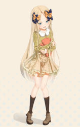 Rule 34 | 1girl, abigail williams (fate), alternate costume, black bow, black socks, blonde hair, blue eyes, bow, brown footwear, collarbone, commentary request, fate/grand order, fate (series), frills, hair bow, kneehighs, long hair, long sleeves, looking at viewer, multiple hair bows, hugging object, orange bow, parted bangs, ribbon, sakazakinchan, shoes, skirt, socks, solo, stuffed animal, stuffed toy, teddy bear, yellow skirt