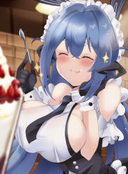 Rule 34 | 1girl, azur lane, black gloves, black necktie, blue hair, blush, breasts, closed eyes, food, frills, gloves, hand on own cheek, hand on own face, highres, holding, holding spoon, large breasts, long hair, maid, maid headdress, necktie, new jersey (azur lane), sideboob, solo, spoon, tonchinkan