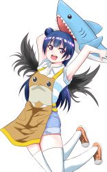 Rule 34 | 1girl, absurdres, apron, artist name, artist request, bare shoulders, belt, black feathers, black wings, blue belt, blue hair, blue pants, blue shorts, blush, collared shirt, dolphin print, feathers, female focus, full body, hair bun, highres, holding, holding stuffed toy, jumping, long hair, looking at viewer, love live!, love live! school idol festival, love live! sunshine!!, pants, parted lips, purple eyes, shirt, shoes, shorts, single hair bun, smile, solo, striped clothes, striped shirt, stuffed animal, stuffed shark, stuffed toy, tsushima yoshiko, white background, white legwear, wings, yaygw (pixiv14578185)