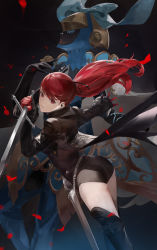 Rule 34 | 1girl, ass, black footwear, black jacket, black leotard, black ribbon, blazpu, buttons, cendrillon (persona), chain, frilled sleeves, frills, gloves, hair ribbon, highres, holding, holding sword, holding weapon, jacket, leotard, leotard under clothes, long hair, long sleeves, looking at viewer, parted lips, persona, persona 5, persona 5 the royal, petals, ponytail, red eyes, red gloves, red hair, ribbon, sheath, swept bangs, sword, thighhighs, weapon, yoshizawa kasumi