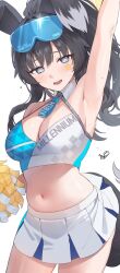 Rule 34 | 1girl, animal ears, arm up, armpits, bare shoulders, black hair, blue archive, blush, breasts, cheering, cheerleader, cleavage, commentary request, cowboy shot, crop top, dog ears, dog girl, dog tail, eyewear on head, goggles, goggles on head, halo, hibiki (blue archive), hibiki (cheer squad) (blue archive), highres, holding, holding pom poms, korean commentary, long hair, looking at viewer, medium breasts, meettheton, midriff, millennium cheerleader outfit (blue archive), miniskirt, navel, official alternate costume, pom pom (cheerleading), pom poms, purple eyes, signature, simple background, skirt, sleeveless, smile, solo, sticker on face, stomach, sunglasses, sweat, tail, text print, white background, white skirt, yellow halo