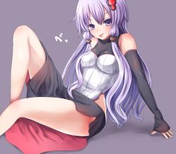 Rule 34 | 1girl, :p, alternate hair length, arm support, bare shoulders, breasts, detached sleeves, hair ornament, kakan (amka), long hair, looking at viewer, purple background, purple eyes, purple hair, sitting, solo, thighs, tongue, tongue out, twintails, vocaloid, voiceroid, yuzuki yukari