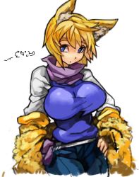 Rule 34 | 1girl, adapted costume, animal ears, blonde hair, breasts, cowboy shot, fox ears, fur, hand on own hip, large breasts, looking at viewer, sachito, short hair, simple background, solo, touhou, white background, yakumo ran