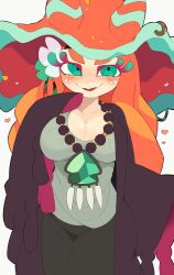 Rule 34 | 1girl, aqua eyes, bead necklace, beads, black skirt, blush, blush stickers, breasts, cardigan, cleavage, collarbone, colored eyelashes, commentary request, cowboy shot, fangs, flow (splatoon), flower, gem, green flower, green gemstone, grey shirt, hand up, hat, hat ring, hat with ears, headband, heart, highres, jewelry, kiirono, large breasts, large hat, long hair, necklace, nintendo, no nose, open cardigan, open clothes, open mouth, orange hair, orange hat, oversized clothes, purple cardigan, ringed eyes, sea slug girl, shirt, skin fangs, skirt, sleeves past fingers, sleeves past wrists, solo, splatoon (series), splatoon 2, striped clothes, striped headwear, tassel, tentacle hair, thick eyebrows, thick eyelashes, twitter username, white background, white flower, wide sleeves