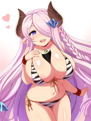 Rule 34 | 1girl, afuro, animal print, between breasts, bikini, blue eyes, blush, braid, breasts, cowboy shot, curvy, ehoumaki, food, front-tie top, gradient background, granblue fantasy, hair ornament, hair over one eye, hairclip, heart, heart-shaped pupils, horns, huge breasts, long hair, looking at viewer, makizushi, narmaya (granblue fantasy), open mouth, pointy ears, purple hair, sexually suggestive, shiny skin, side-tie bikini bottom, simple background, solo, striped bikini, striped clothes, sushi, swimsuit, symbol-shaped pupils, teeth, thighs, upper teeth only, very long hair, wristband, zebra print