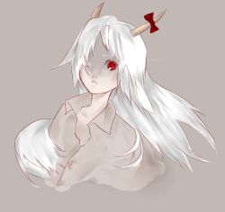 Rule 34 | 1girl, ex-keine, fang, female focus, grey background, horn ornament, horn ribbon, horns, kamishirasawa keine, long hair, mnk, red eyes, ribbon, silver hair, simple background, solo, touhou, upper body