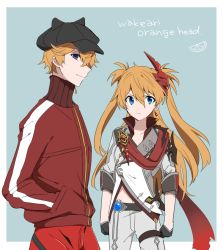 1boy, 1girl, bangs, black gloves, black headwear, blue eyes, bodysuit, closed mouth, cosplay, costume switch, crossover, evangelion: 3.0 you can (not) redo, genshin impact, gloves, hair ornament, hands in pockets, hat, jacket, jewelry, long hair, mask, mask on head, medetai, neon genesis evangelion, orange hair, pants, plugsuit, rebuild of evangelion, red jacket, red scarf, scarf, simple background, single earring, soryu asuka langley, souryuu asuka langley (cosplay), tartaglia (genshin impact), tartaglia (genshin impact) (cosplay), track jacket, two-tone background, two side up, vision (genshin impact)