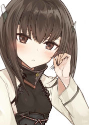Rule 34 | 1girl, blush, brown eyes, brown hair, closed mouth, commentary, flat chest, hair between eyes, headband, headgear, highres, jewelry, kantai collection, kazabana fuuka, long sleeves, looking at viewer, ring, simple background, solo, taihou (kancolle), upper body, wedding band, white background