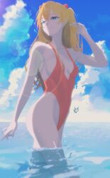 Rule 34 | 1girl, absurdres, artist request, bare arms, bare legs, bare shoulders, blue eyes, blue sky, breasts, brown hair, cleavage, cloud, cloudy sky, curvy, day, grin, hair between eyes, hand in own hair, highleg, highleg swimsuit, highres, long hair, looking at viewer, looking to the side, neon genesis evangelion, ocean, one-piece swimsuit, outdoors, red one-piece swimsuit, shiny skin, sky, small breasts, smile, solo, souryuu asuka langley, standing, swimsuit, thong one-piece swimsuit, two side up, water, wet