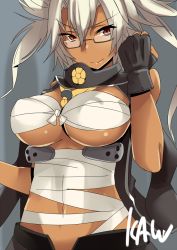 Rule 34 | 10s, 1girl, blonde hair, breasts, budget sarashi, dark-skinned female, dark skin, fingerless gloves, glasses, gloves, highres, kantai collection, kaw194, large breasts, long hair, musashi (kancolle), musashi kai (kancolle), red eyes, sarashi, semi-rimless eyewear, shiny clothes, solo, twintails, two side up