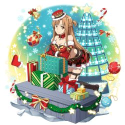 Rule 34 | 1girl, asuna (sao), bell, black footwear, boots, box, braid, breasts, brown eyes, brown hair, choker, christmas, cleavage, collarbone, crossed arms, crown braid, elbow gloves, floating hair, fur-trimmed boots, fur-trimmed gloves, fur hat, fur trim, gift, gift box, gloves, hat, highres, kneeling, layered skirt, leaning forward, long hair, looking at viewer, medium breasts, midriff, official art, pleated skirt, print skirt, red gloves, red skirt, skirt, smile, solo, stomach, strapless, striped, sword art online, thigh boots, thigh strap, thighhighs, transparent background, very long hair